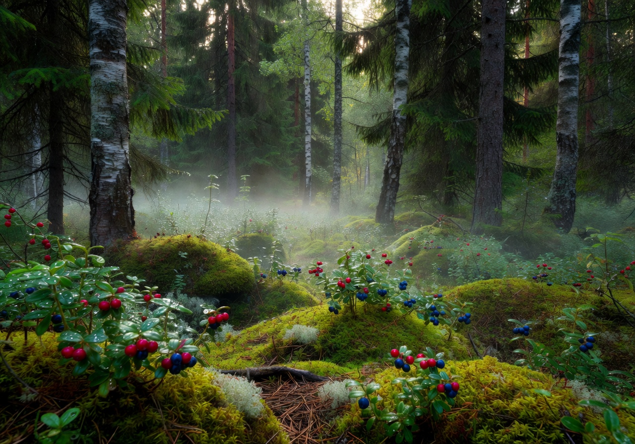 Nordic nature, forests, and wild berries